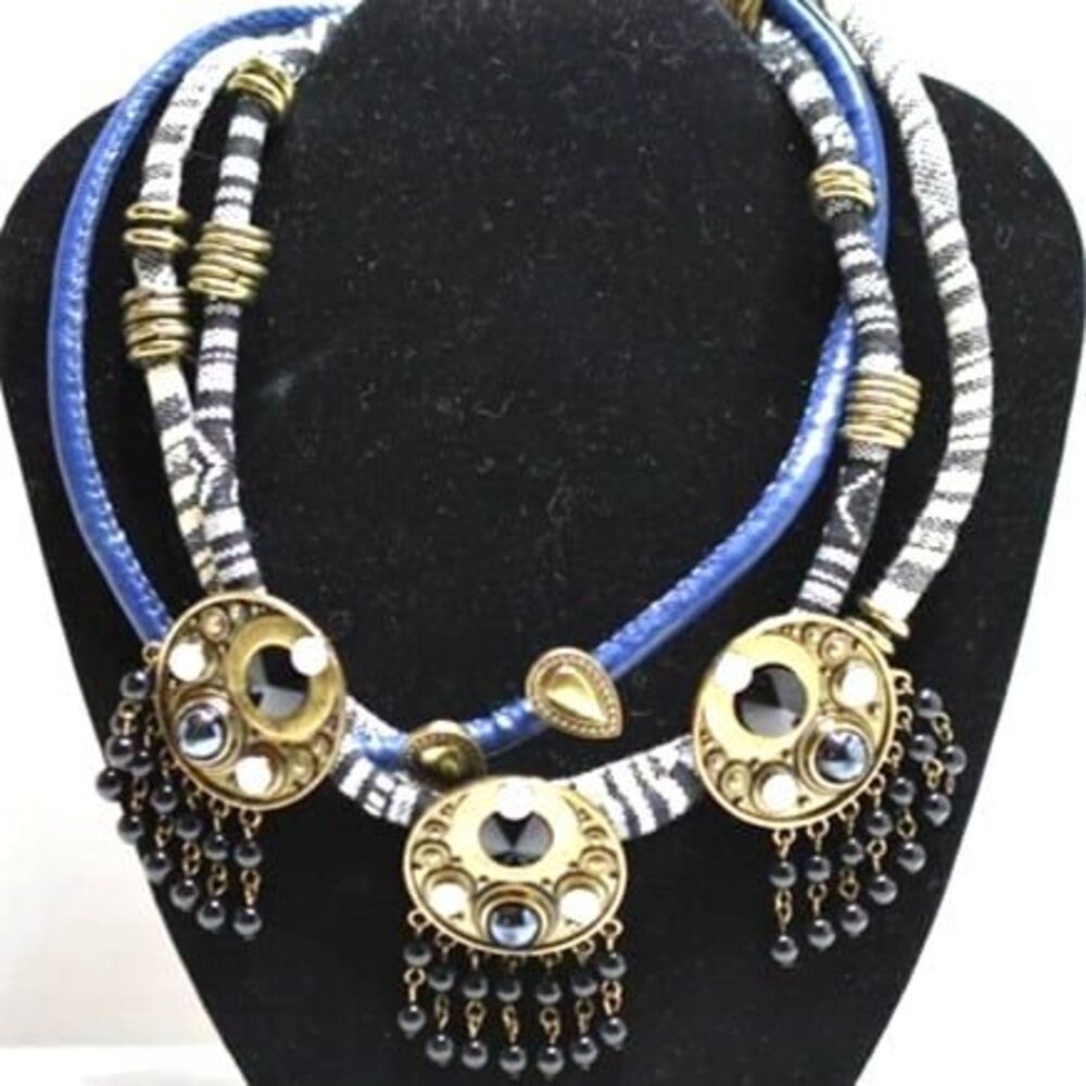 Steve Madden Vintage Boho Statement layered Blue Rhinestone Gold Tone Necklace